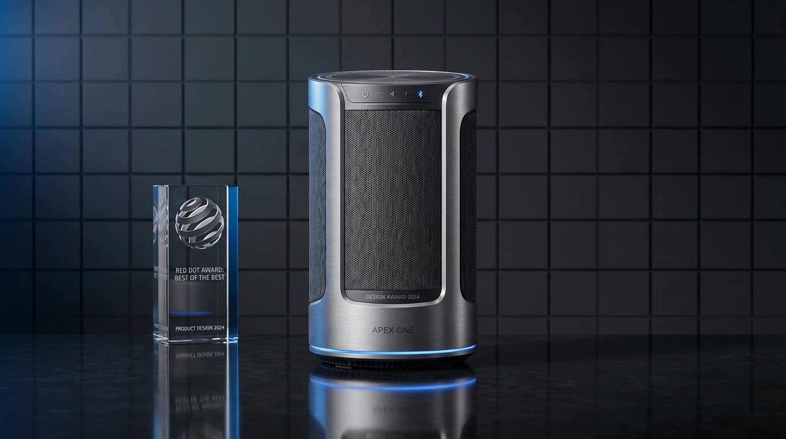 Award-winning product design showcase featuring a sleek speaker with design award trophy
