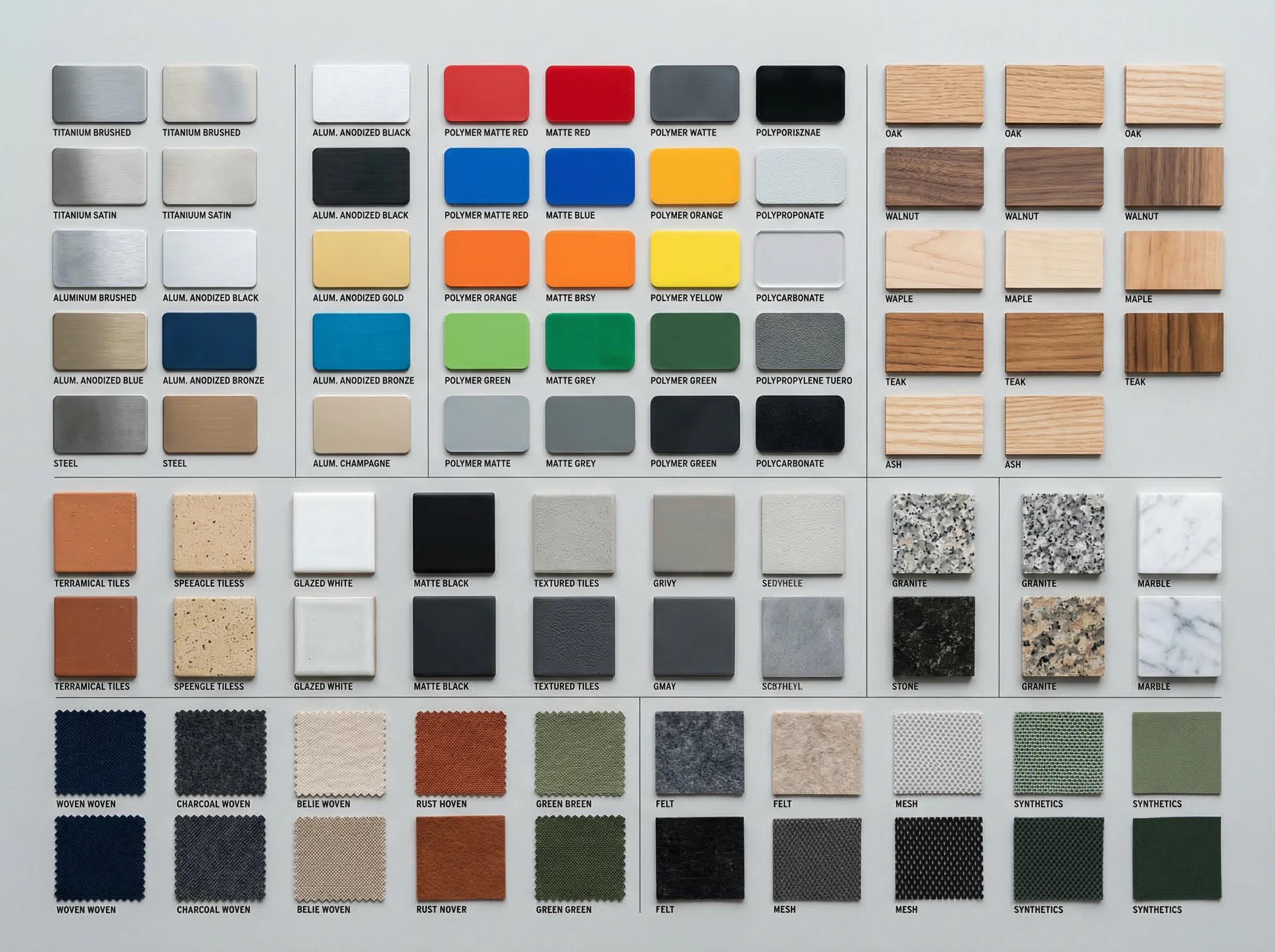 Organized material library showing metals, polymers, wood, ceramics, and textile swatches