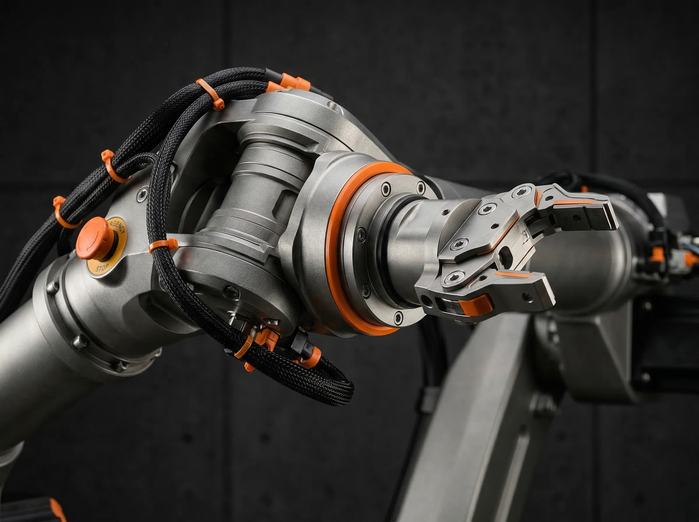 Precision robotic arm with titanium gray finish and orange safety details