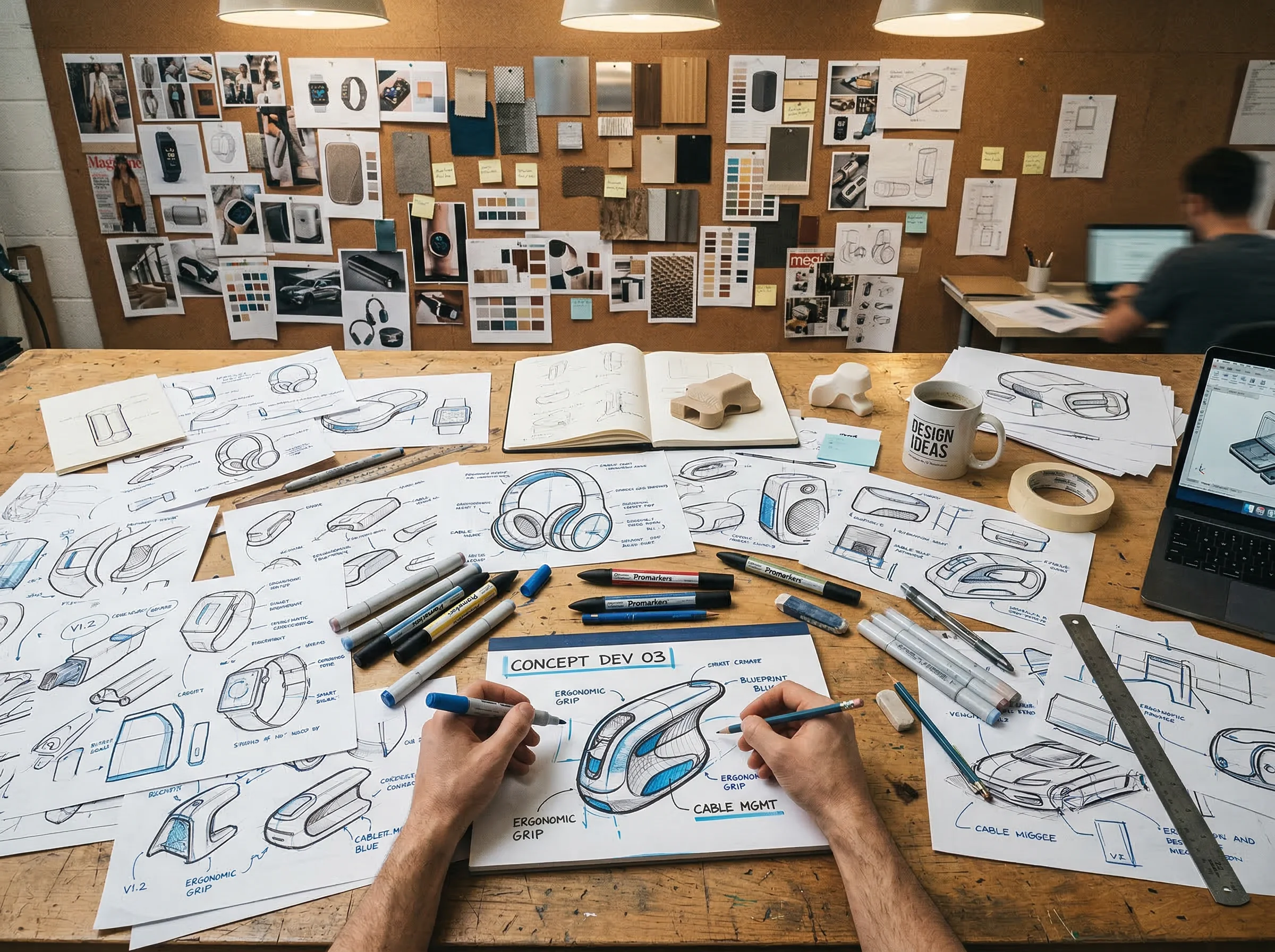 Industrial design concept development with hand-drawn product sketches and mood boards