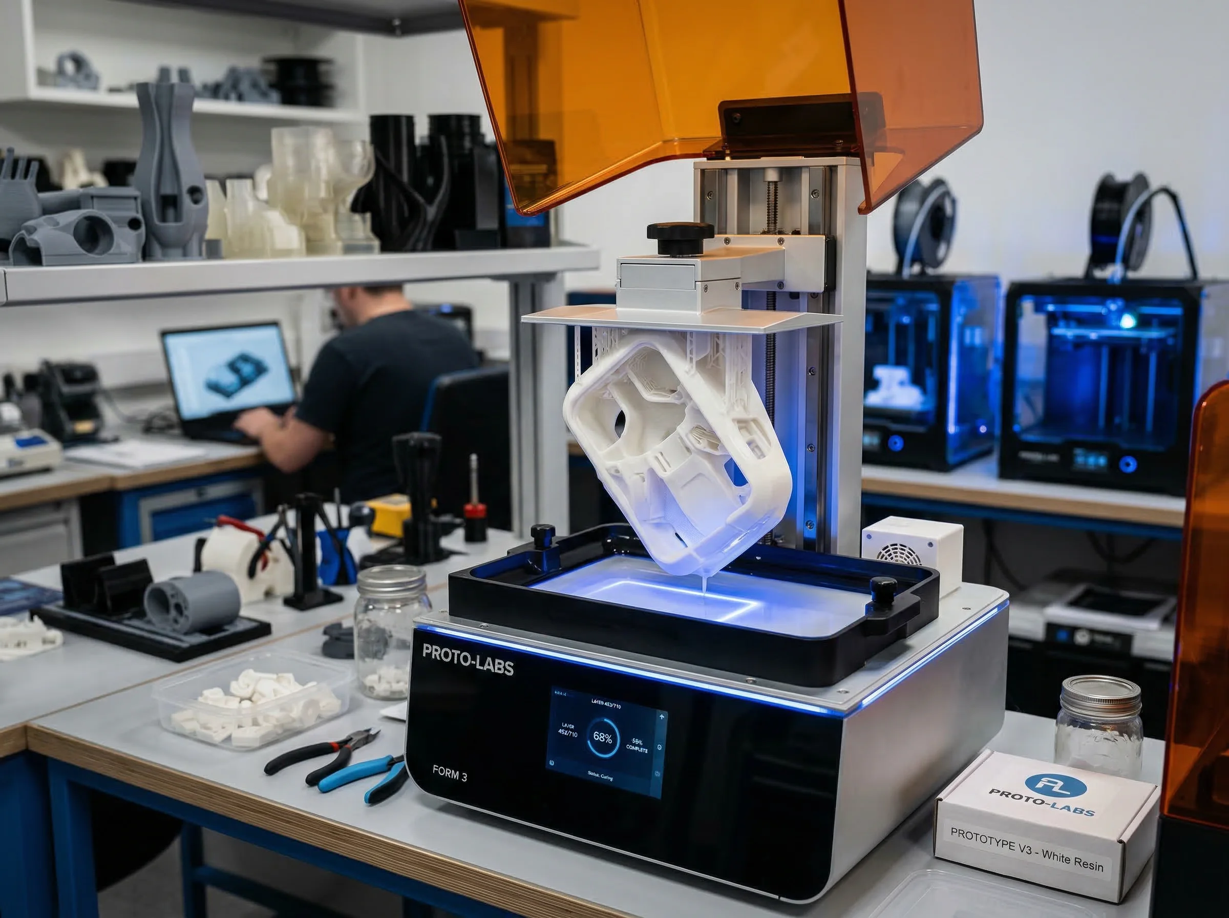 3D printing rapid prototyping workshop with SLA printer producing product housing