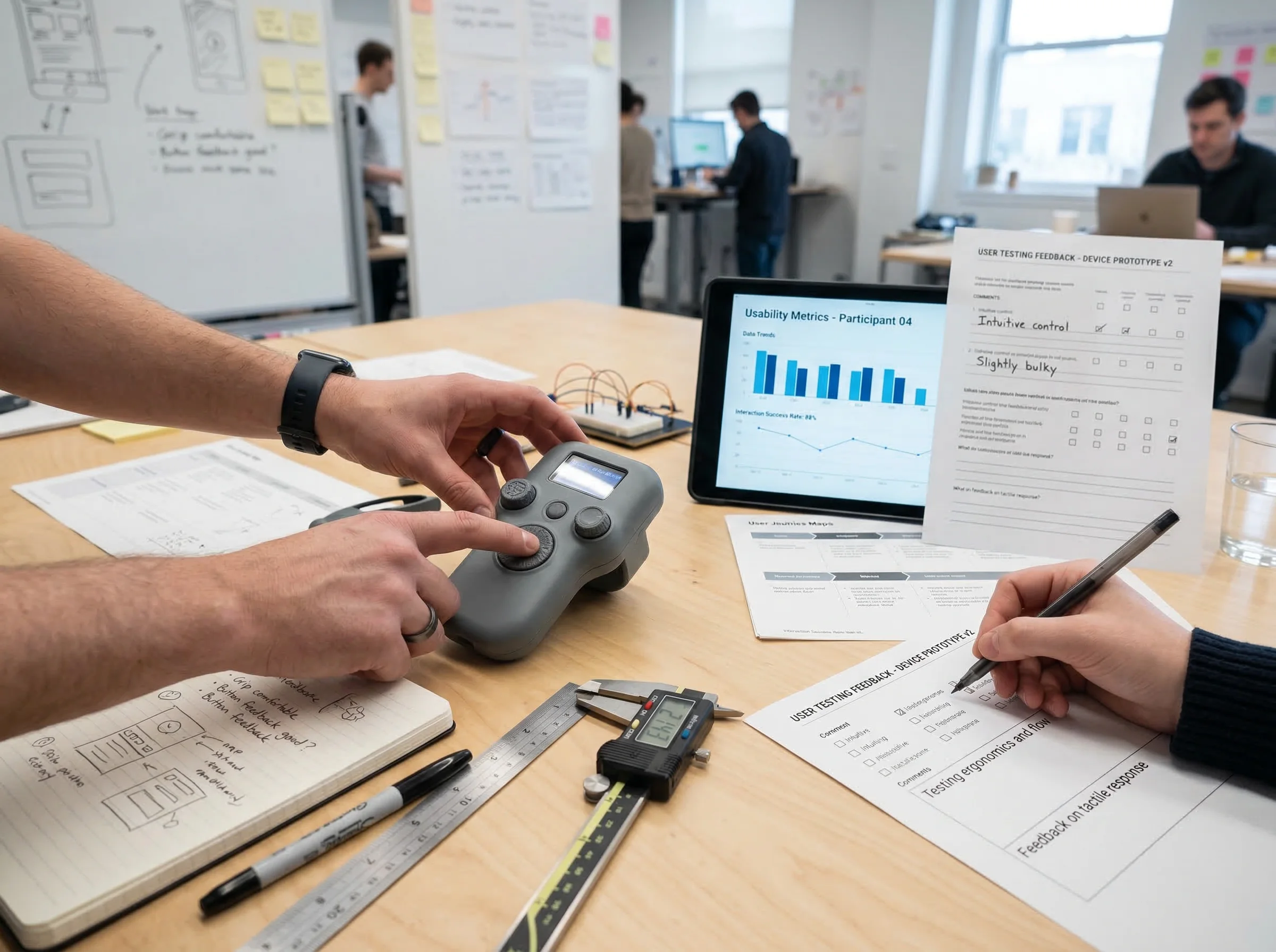 Design research and user testing session with prototype evaluation and usability metrics