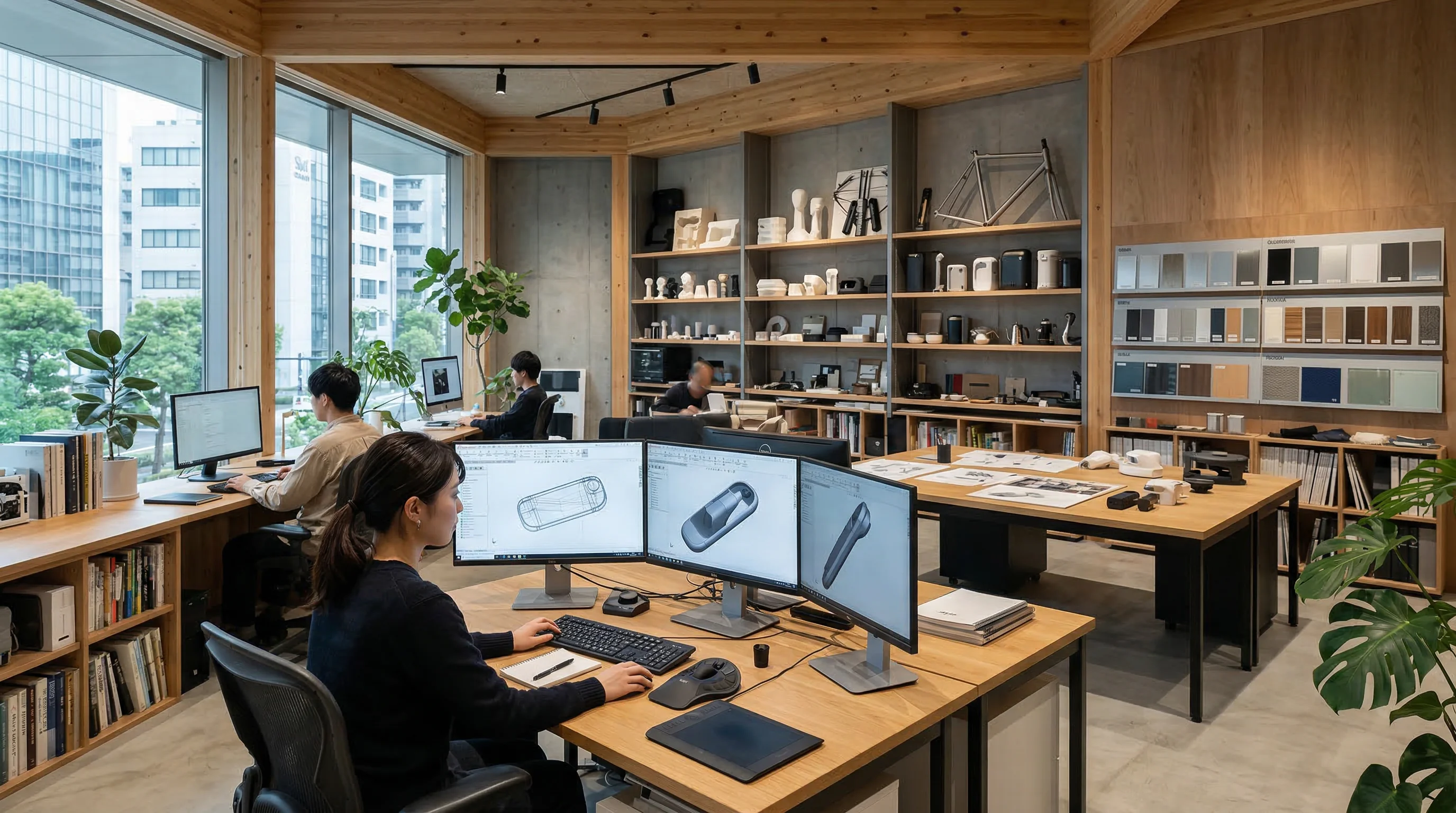 Modern design studio with dual monitors showing 3D CAD software and material samples on shelves